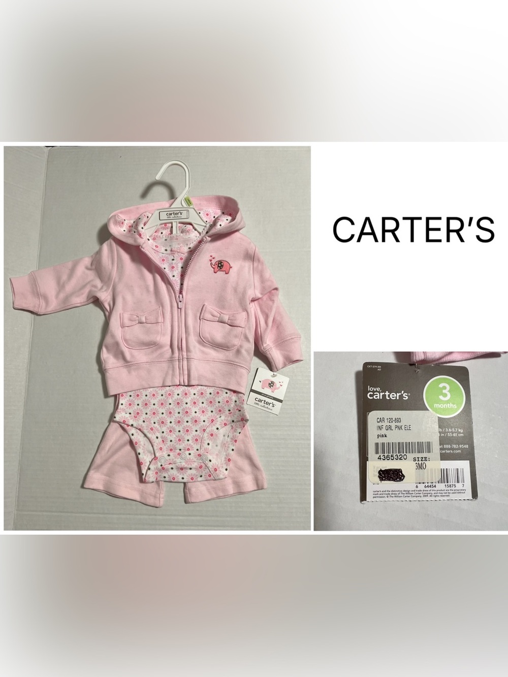 CARTER’S - 3M - NWT - INFANT GIRLS 3PC ELEPHANT FLORAL CARDIGAN SET
